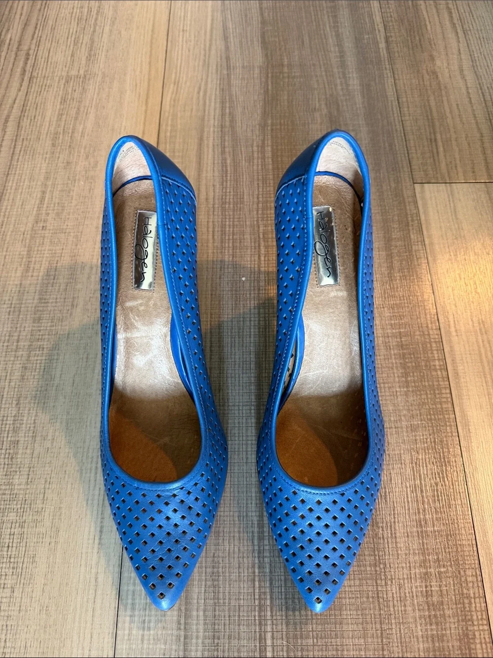 Halogen Cobalt Blue Perforated Pointed-Toe Pumps